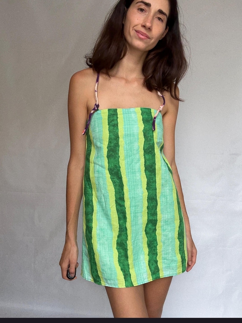 Zara Green Striped Mini Sundress with Tie Straps